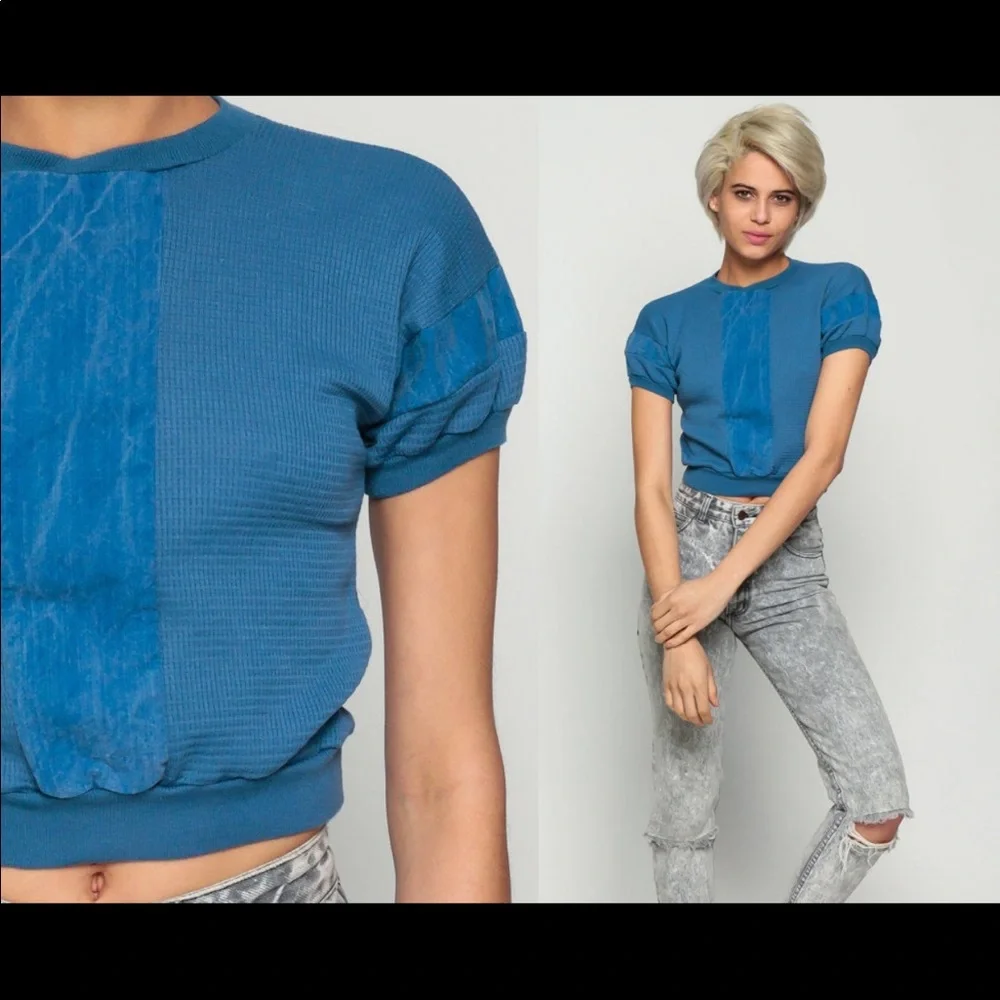 Cropped Tshirt Blue Striped Shirt Crop Top Cotton T Shirt 80s Vintage Tee